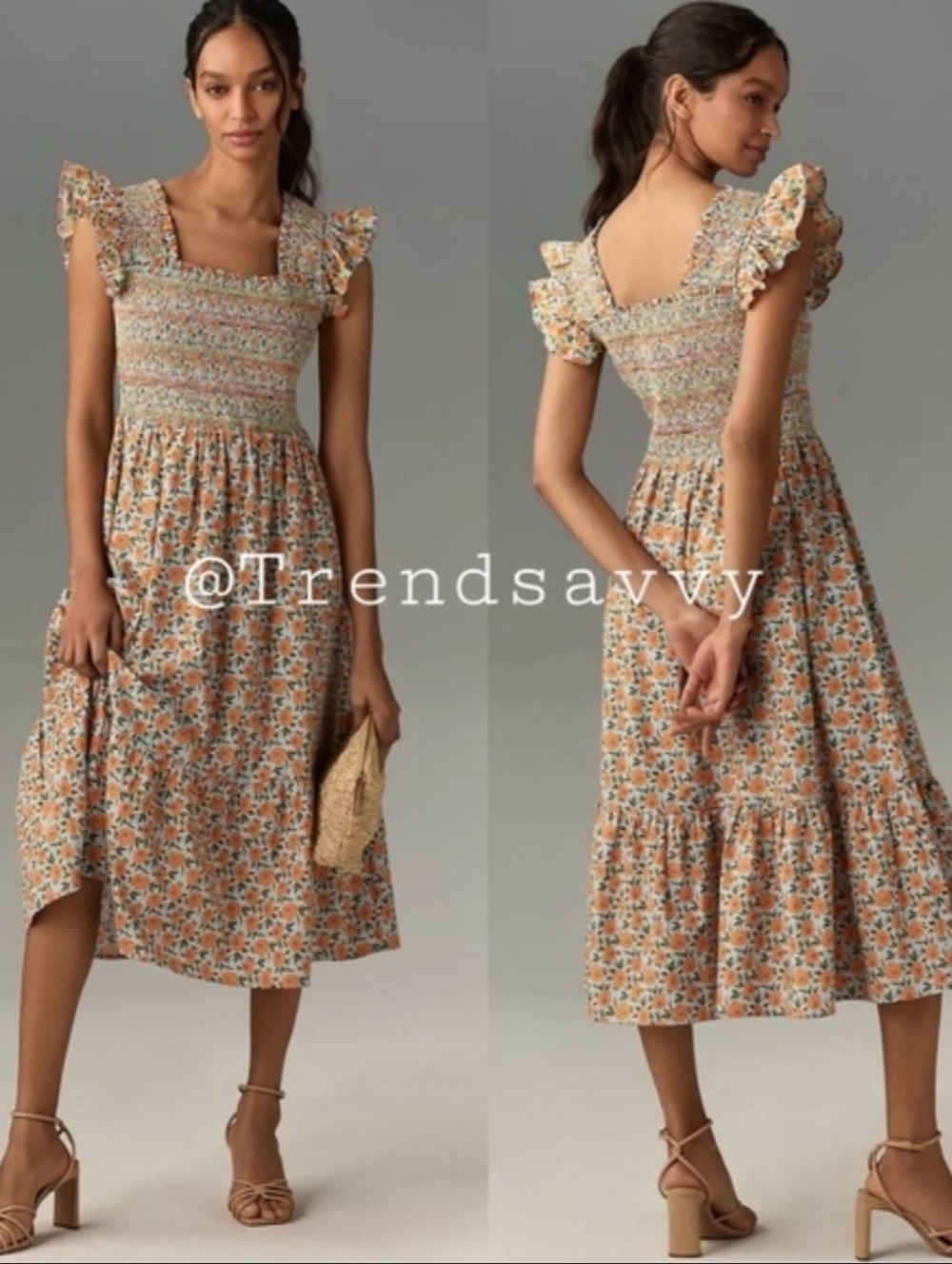 Anthropologie Floral Print Smocked Midi Dress, Square Neck Sleeveless Small, NWT